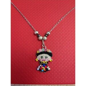 Sterling Silver Vintage Frida Kahlo Crystal Beaded Pendant Necklace